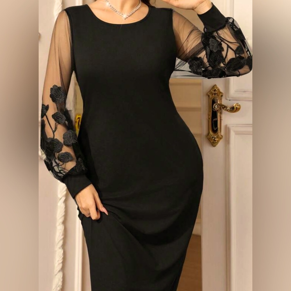 Elegant Black Dress with Sheer Floral Sleeves